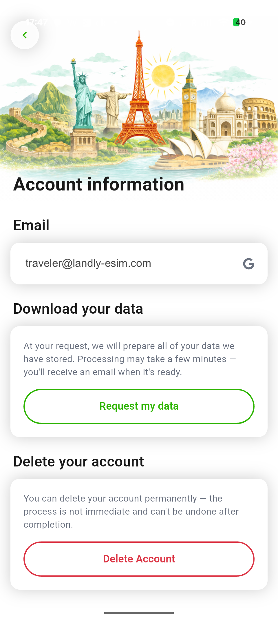 Account screen in the Landly app showing Download your data and Delete your account options